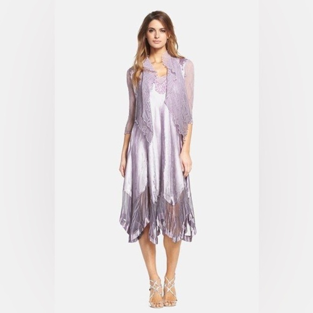 Stunning Komarov Beaded V-Neck Charmeuse Waterfall Dress with Jacket Violet Ice